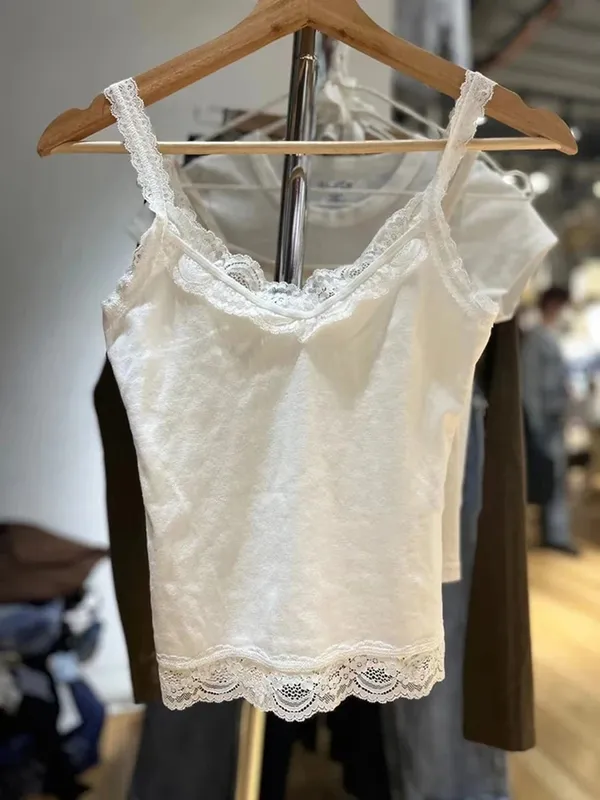 Sweet Lace Patchwork Slim Tank Tops Women Summer White Sexy Simple Cotton Soft Sleeveless Vests Female Vintage Chic Y2K Camisole — image 5