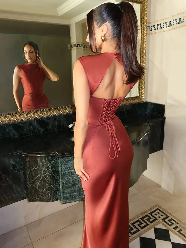 Gaun Halter Berlipat Solid Fashion Wanita Gaun Maxi Belah Punggung Terbuka Tanpa Lengan Cinch Pinggang 2026 Gaun Pesta Wanita Musim Panas Seksi