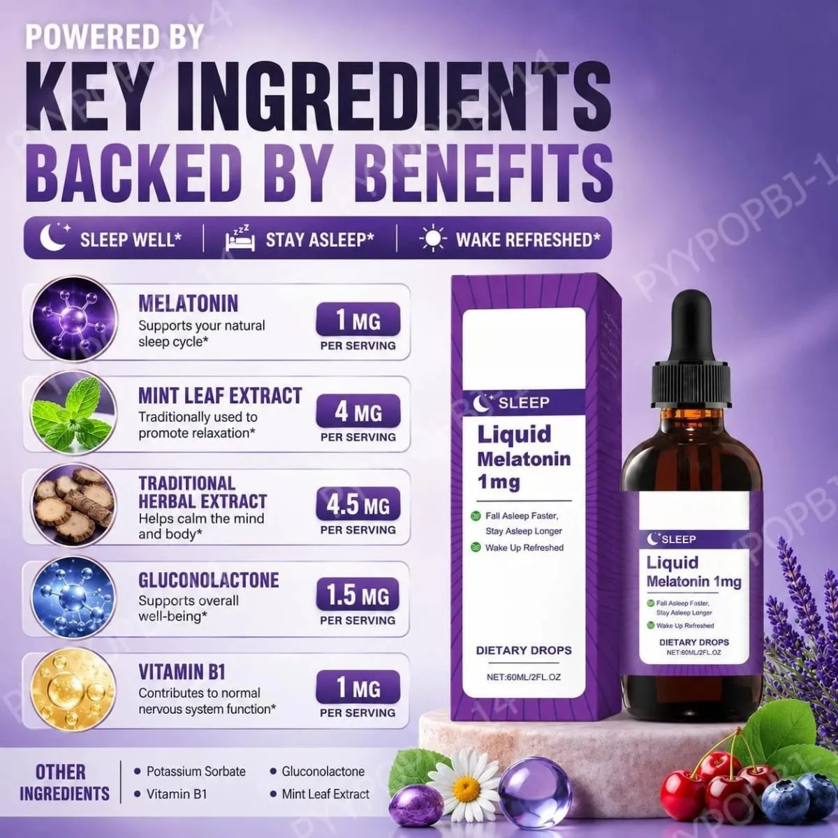 Liquid Melatonin 1 Mg Sleep Drops Mint Leaf Extract Fall Asleep Faster Stay Asleep Longer Wake Up Refreshed 60 ML