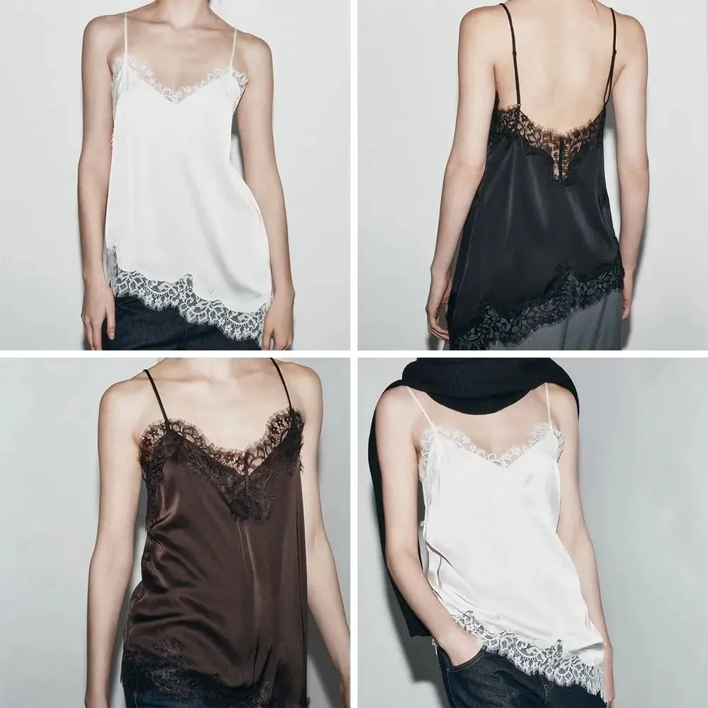 Şık Asimetrik Dantel Dantel Patchwork Üst Seksi Dantel Backless Kaşkorse Üstleri Kolsuz Zarif Backless Abiye Tops — image 5