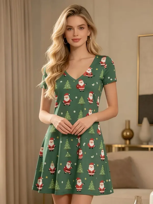 Womens V Neck Short Sleeve Floral Print A Line Dress Relaxed Fit Summer Mini Dress for Everyday Style Travel Holidays and Events — image 9