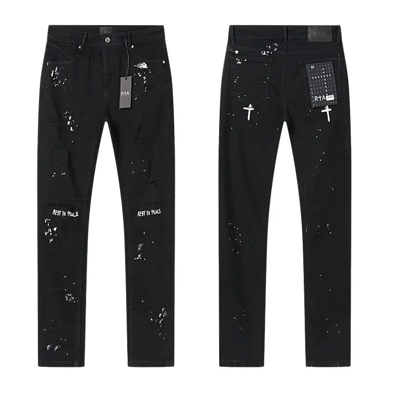 New RTA Destroyed Scratch Hole Light Blue Distressed Jeans Men's High Street Elastic Slim Fit Jeans 2026 Brand Pants Streetwear — image 12