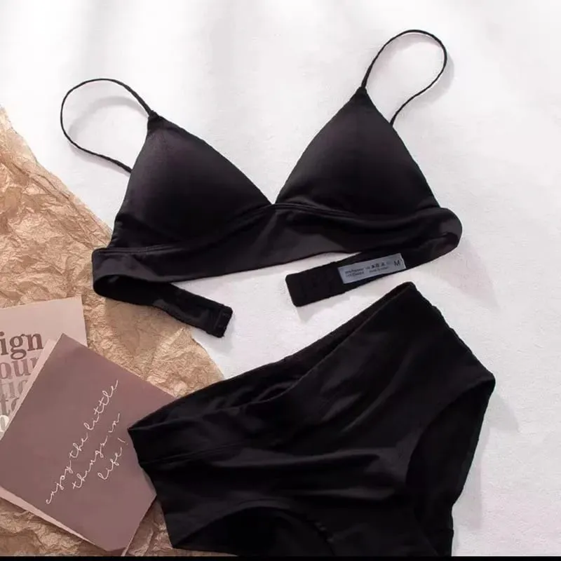 Deep V Plunge Triangle Cup Bralette Wireless Bra Panties Set Underwear Removable Pads Smooth Lightly Lined Woman Sexy Lingerie