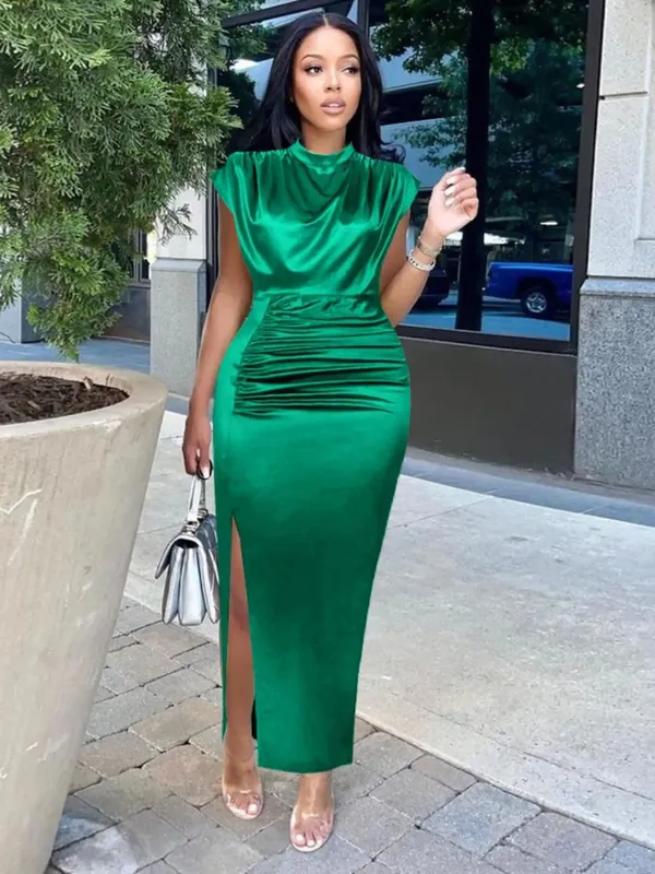 2026 Summer New Women's Color Ding Long Dress Solid Color Dress Split High Waist Temperament Bag Hip Commuter Dress — image 8