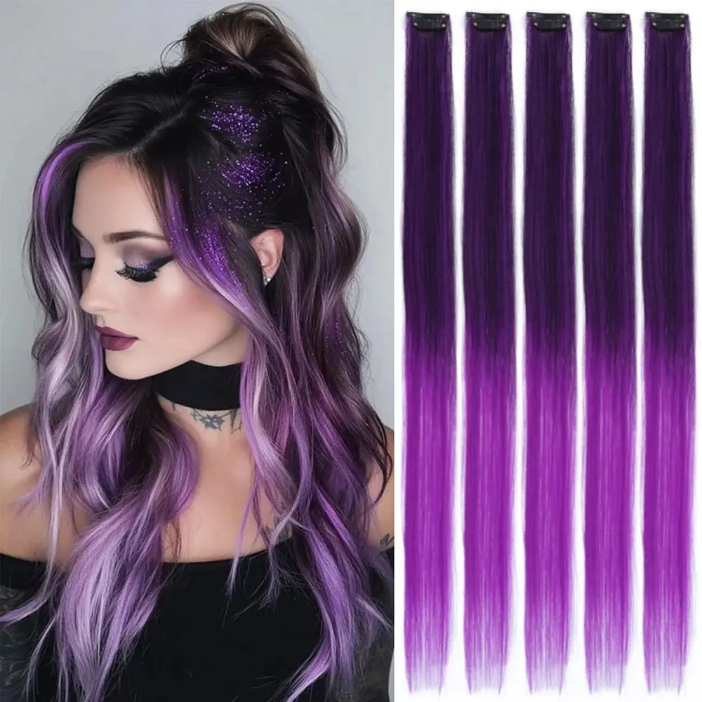 Synthetic Colorful 5pcs/set Clip Hair Extensions High Temperature Long Straight Hairpieces for Women Daily Party Use — image 14