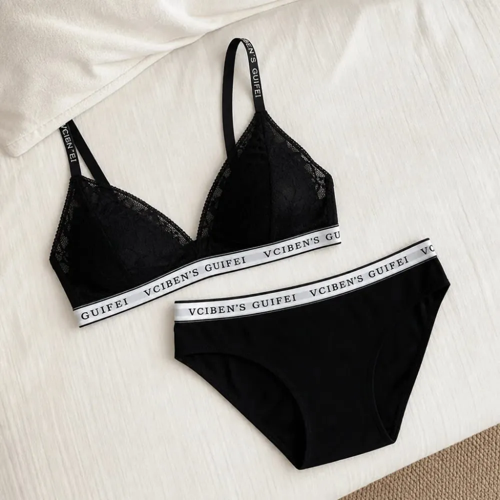 Bra Suit Letter Design Lingerie Set Lace Wireless Women Underwear Suit Deep V Color Blocking Bra Panties Set Women — image 4