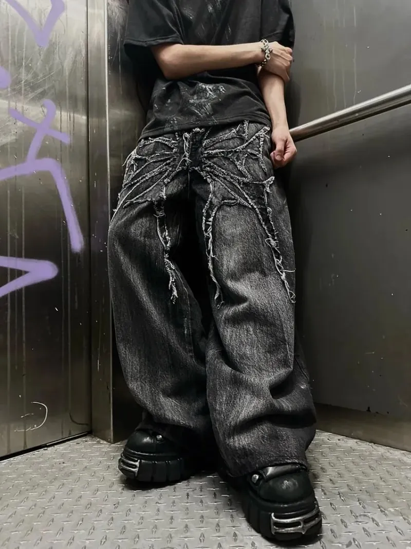 Men Y2K Gothic Spider Baggy Jeans Distressed Washed Raw Edge Wide Leg Denim Pants Hip Hop Streetwear Ghost Loose Trousers — image 7