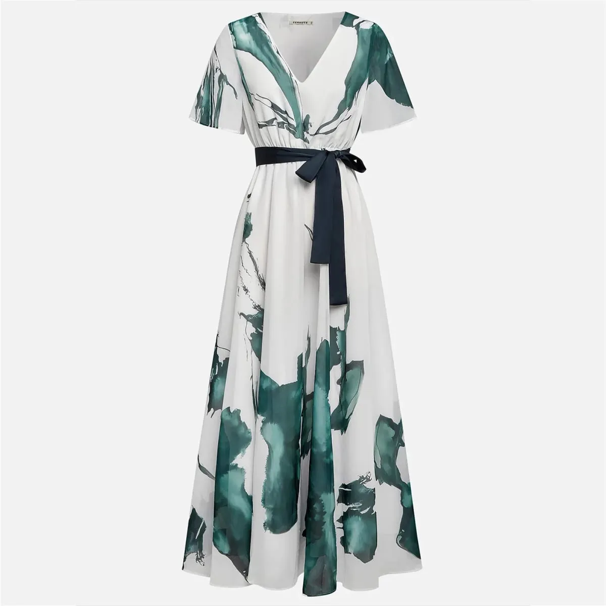 Watercolor Printed Elegant Fashion Short-sleeved Maxi Dress for Women 2026 Summer V-neck Lace-up Pleated Party Dresses Female — image 4