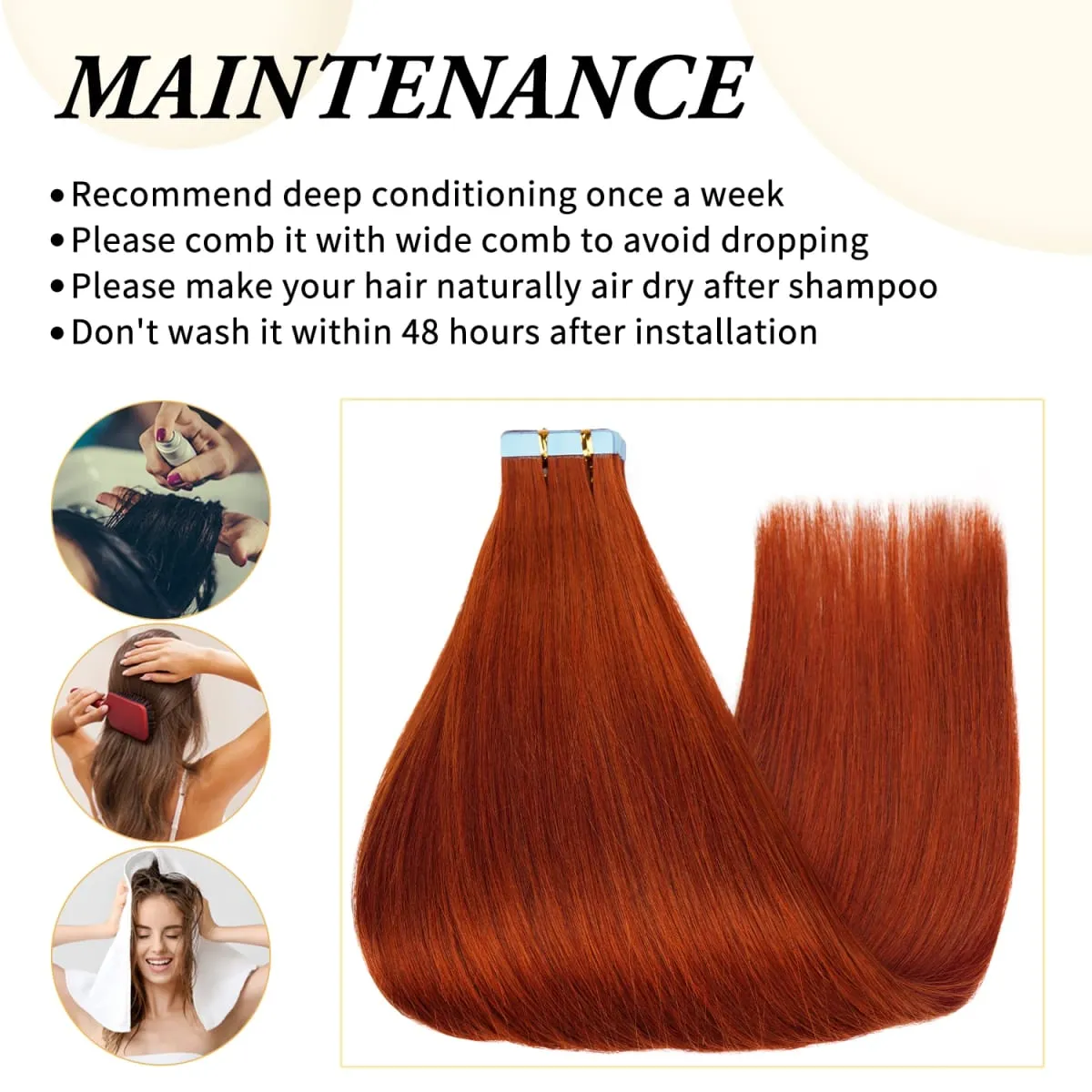 Doreen Copper Red Tape In Human Hair Extensions 16 to 22 Inch 50g/set PU Seamless Skin Weft 350# Colored Hair Extensions Tape in