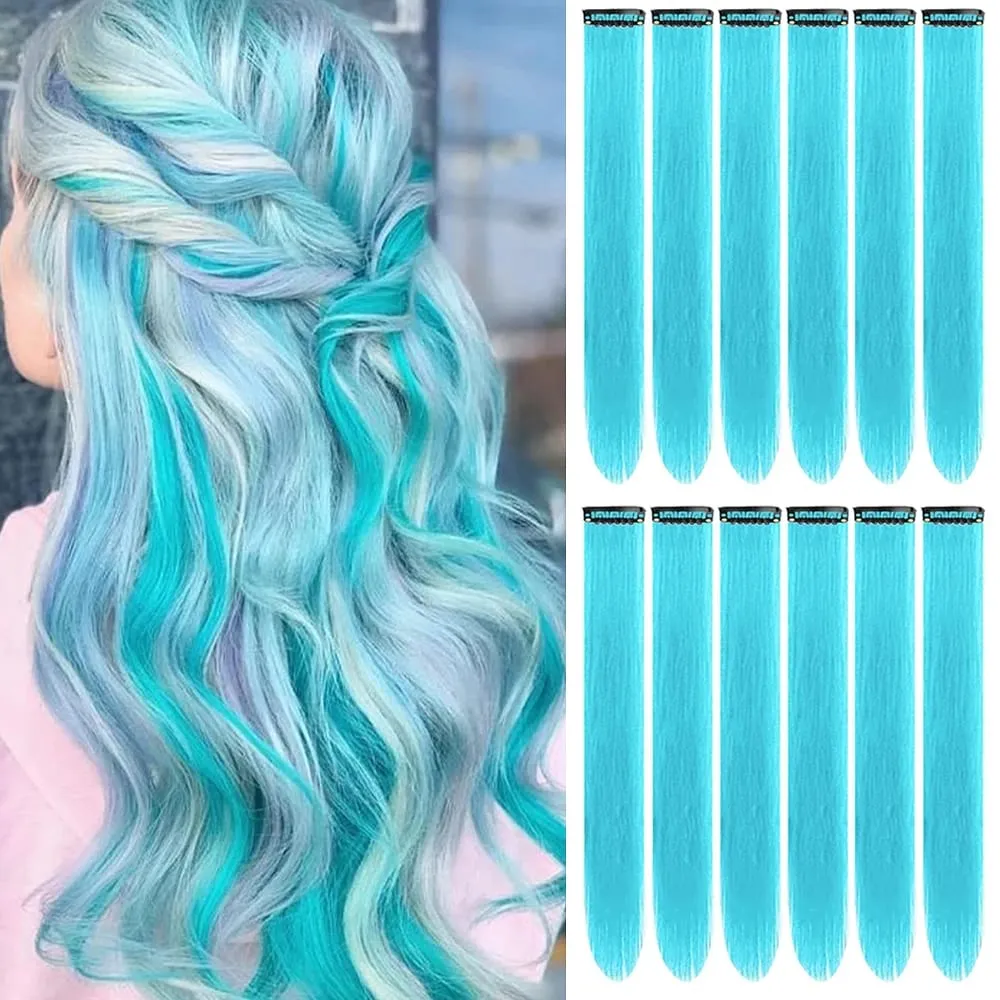 22 inch Colored Hair Extensions Light Blue Party Highlights Clip in Synthetic Hair Extensions Color Party Straight Hairpieces