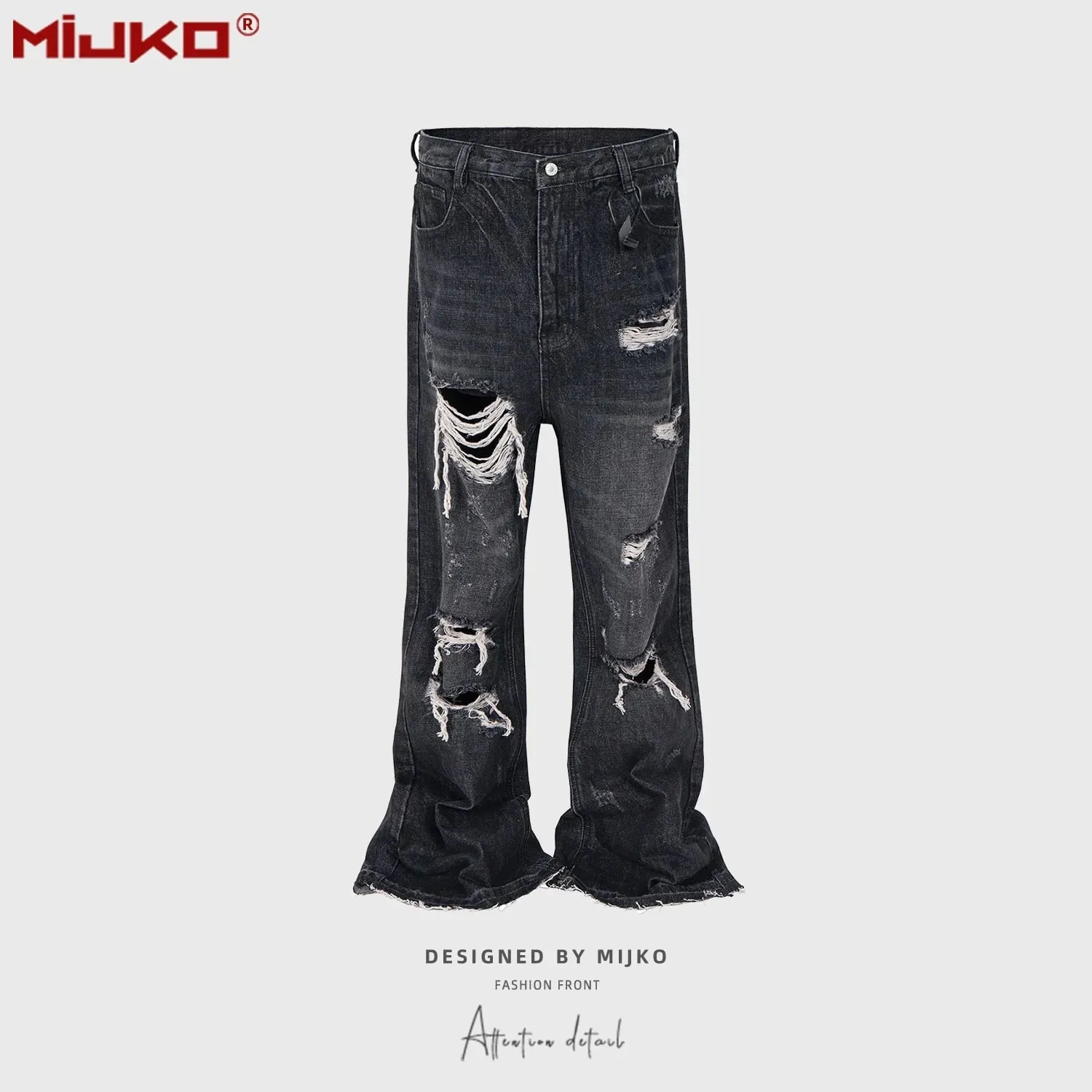 Unisex Wide Leg Flared Jeans Torn Hole Cut with Cat Whisker Fringe Blue for Men And Women ZJ014