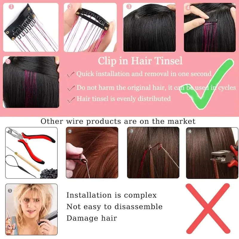 12pcs 20inch Tinsel Hair Extensions Wigs Colorful Shiny Artificial hair extensions Clip in Women Hairpieces for Daily Party Wear — image 6