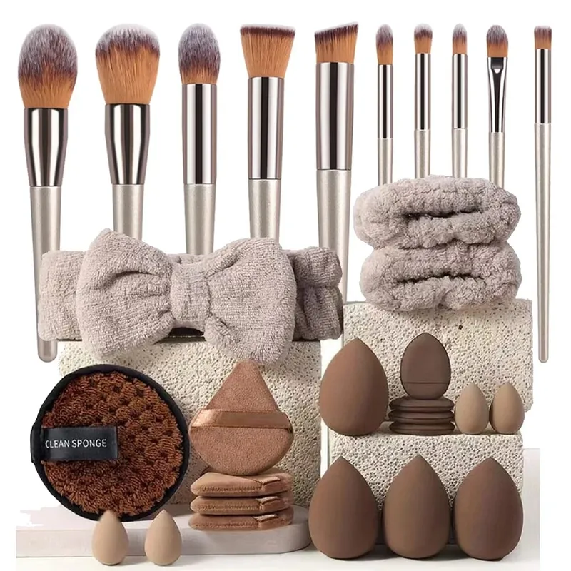 Makeup Brushes and Sponges Set Brown Makeup Puff Beauty Egg Headband Wristband Remover Kit Makeup Tool Gift 20/30 — image 1