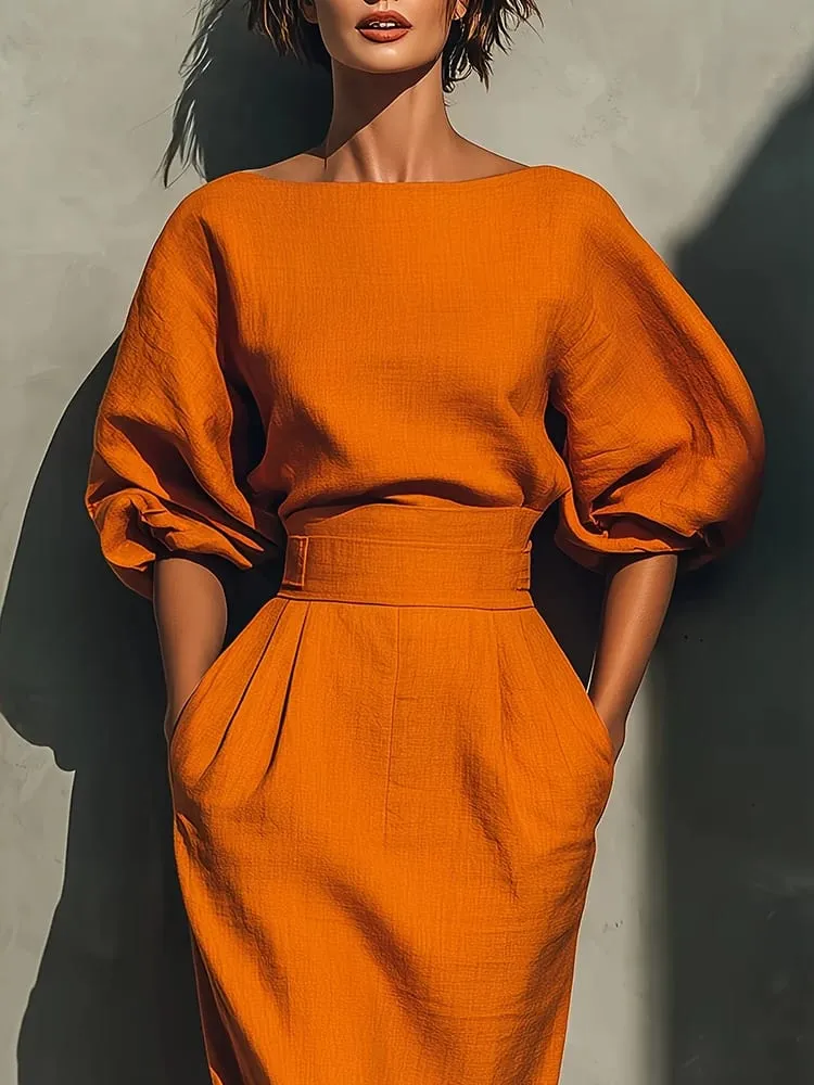 Elegant Fashion Solid Party A-lien Dress Casual O-neck Lantern Sleeve Pocket Dress Temperament High Waist Pleated Wrap Hip Dress — image 2