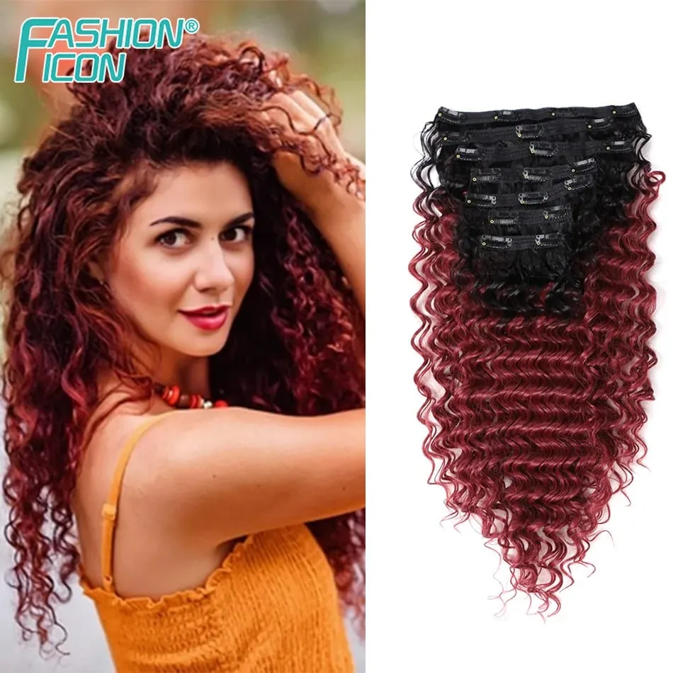 24 Inch Deep Wave Clip In Hair Extensions Synthetic Ombre 7Pc/140g Full Head Curly Hairpieces Heat Resistant Fake Hair for Women — image 13