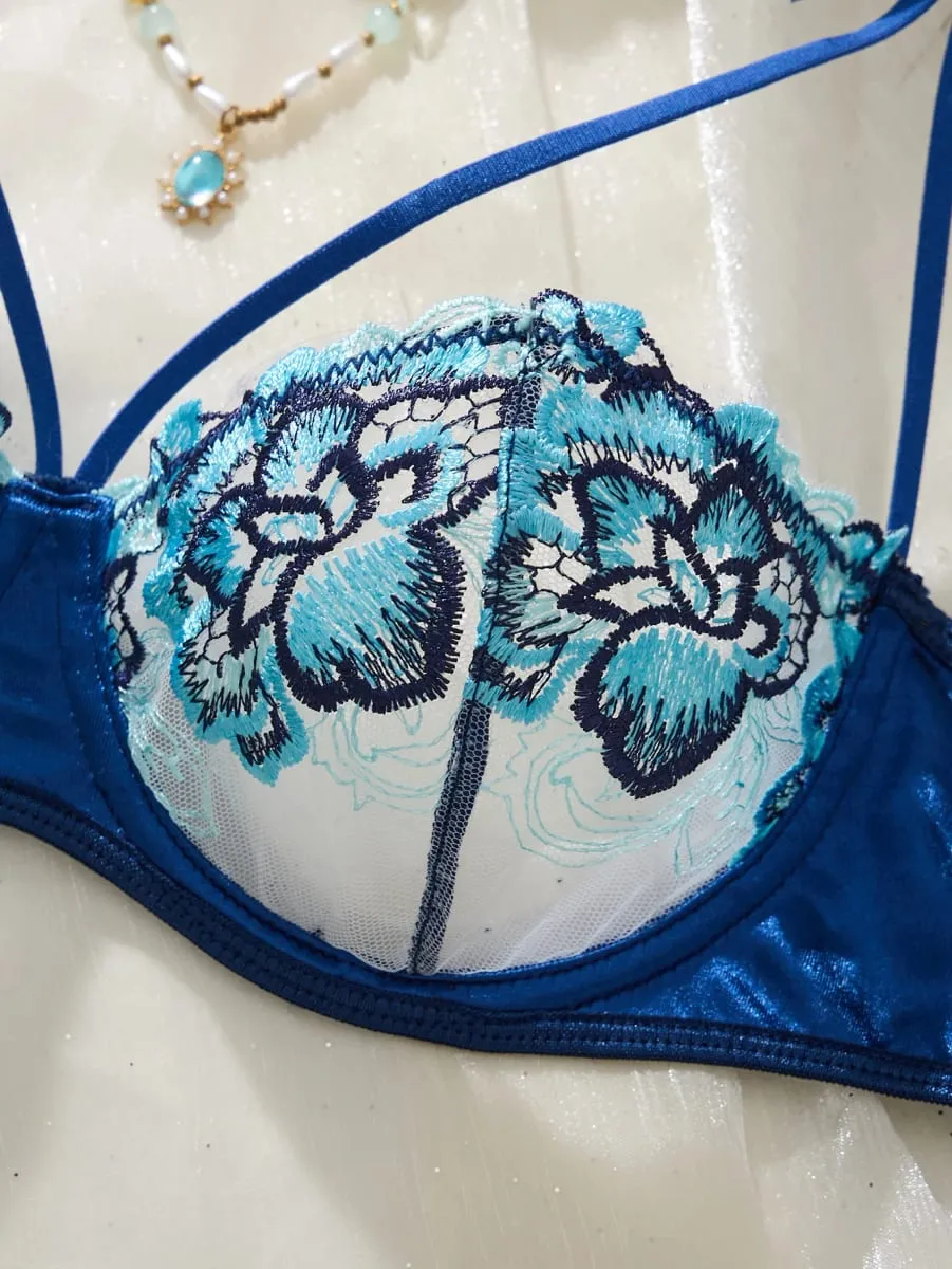Blue Flower Lace Lingerie Set Shoulder Bow Strappy Underwire Bra Adjustable Briefs Seductive Boudoir Intimate Outfit