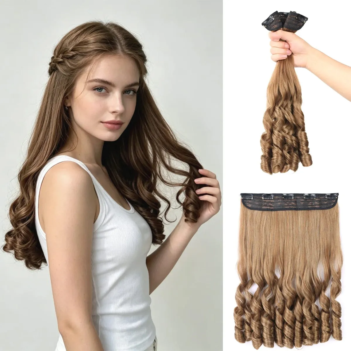 Synthetic Clip in One Piece Hair Extensions 5 Clips in one piece false hair 16inch French curl Style for women girls Daily Party — image 2
