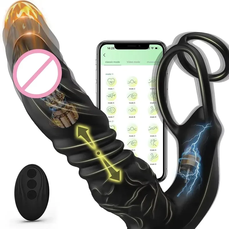 Bluetooth APP Vibrator Dildo Prostate Massager Thrusting Telescopic Prostate Anal With Cock Ring Sex Toy for Men Couples