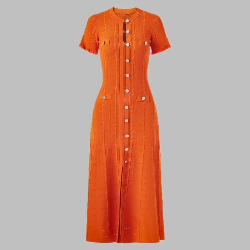 Elegant Knitted Dress round Neck Short Sleeve Hollow out Long Dress Ribbed Single Button Knitted Dress Fashionable Commute Style — image 10