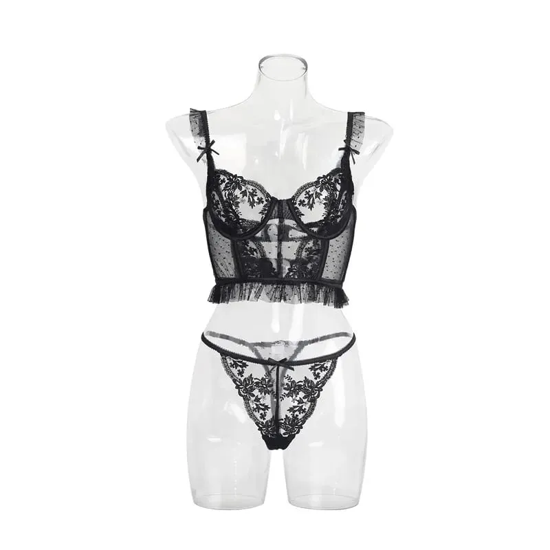 Sexy Bra Brief Set Ruffles Dot Lingerie Embroidery Flowers Solid Panties Underwear Lace Two Back Closure Intimate Exotic Sets — image 4