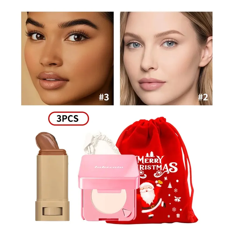 3Pcs Foundation Stick Face Pressed Powder Compact with Christmas Drawstring Bag Long Lasting Matte Face Cosmetic Christmas Gift — image 9