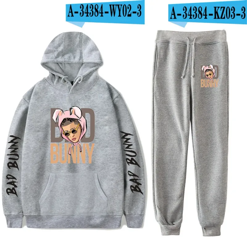 Harajuku Comfortable Funny bad bunny Print Sweatshirt Sweatpants Suit Men/Women Hoodies+ Trousers Suit Cute 2 Piece Set Clothes — image 60