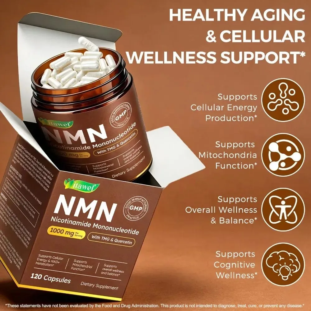 NMN Capsules 1000mg Nicotinamide Mononucleotide NAD+ Cellular Energy TMG Quercetin Resveratrol 120 Vegan Capsules Non-GMO — image 2