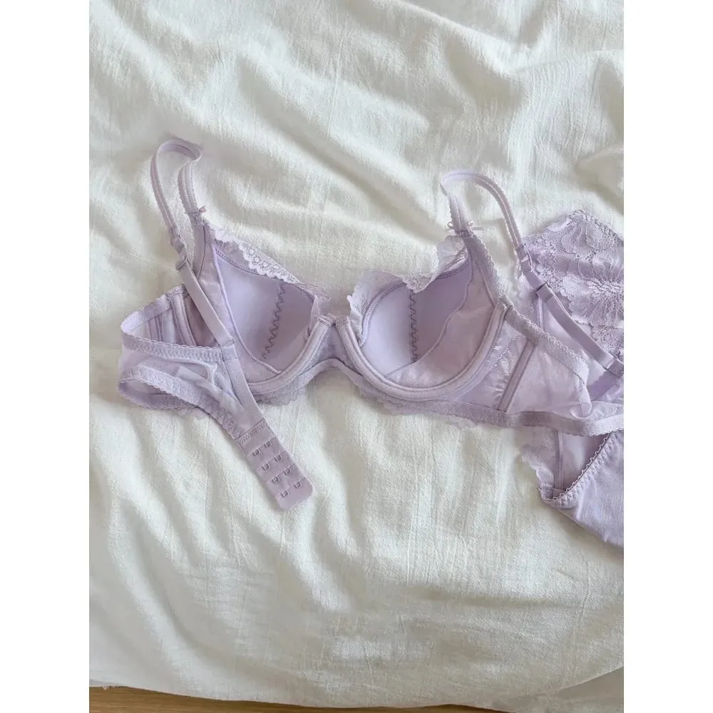 Purple French Lace Bra Embroidery Soft Underwire Minimizer Big Bust Lift Anti Sag Gathering Support Daily Lingerie 32-38 Bra Set — image 2