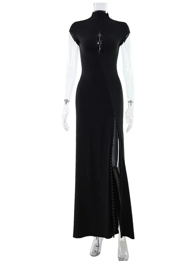 Short Sleeve O Neck Women Dresses Split Metal Buckle Solid Sheath Sexy Club Fashion Evening Party Outfits Female Bodycon — image 6