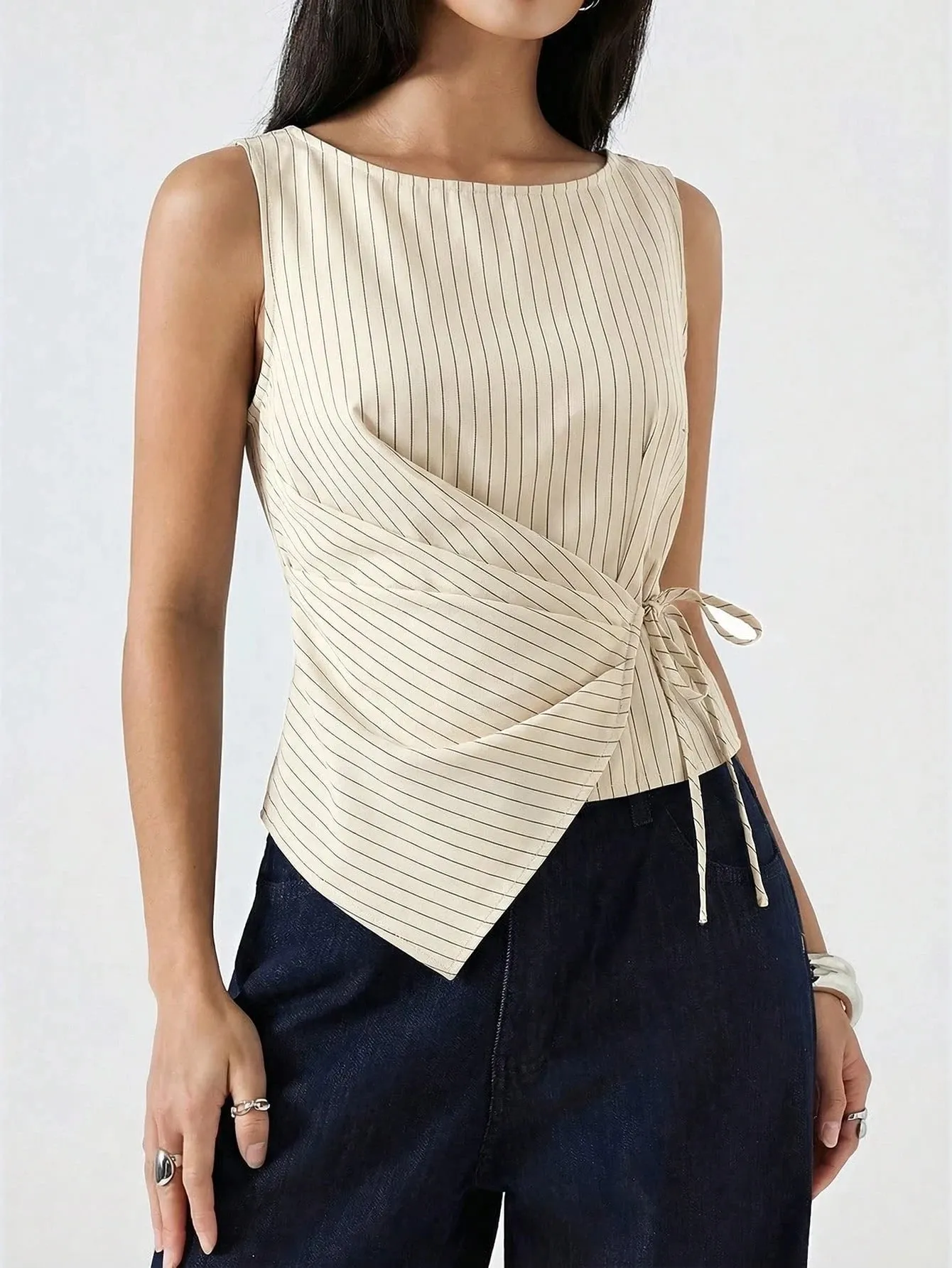 Women's Elegant Stripe Printing Slim Fit Side Tie-Strap Pleating Sleeveless Top Casual Asymmetry Hem Boat Tank Top Summer 2026