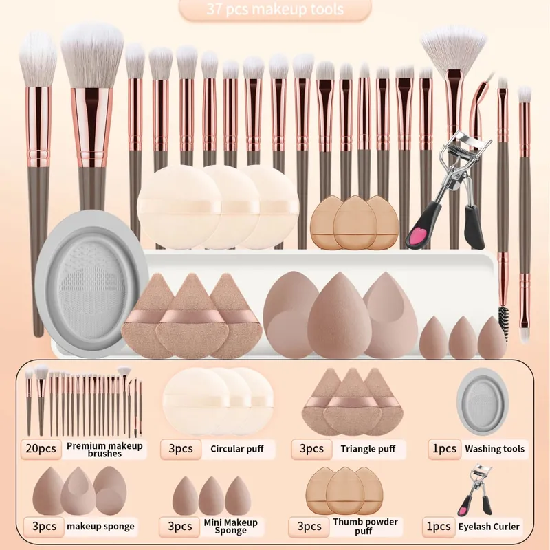 20 makeup brushes+3 round powder puffs+3 triangular powder puffs+3 beauty eggs+3 finger powder puffs+3 mini beauty eggs+1 washin