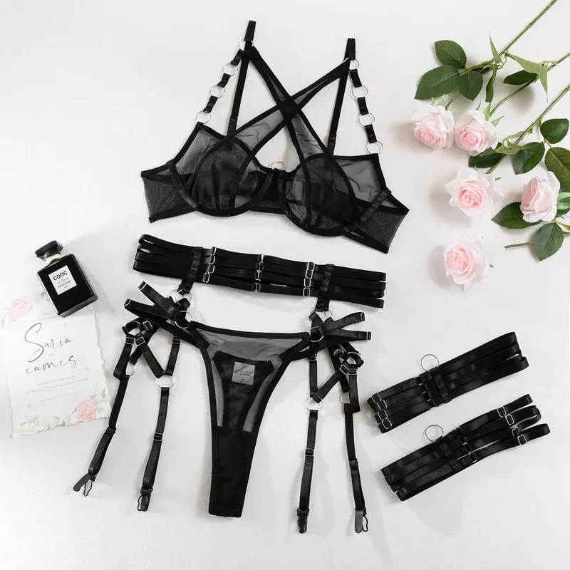 Neon Green Cross Strap Lingerie Set Underwire Bra Garter Belt Thong Leg Garters Women Erotic 4 Piece Nightwear Intimates