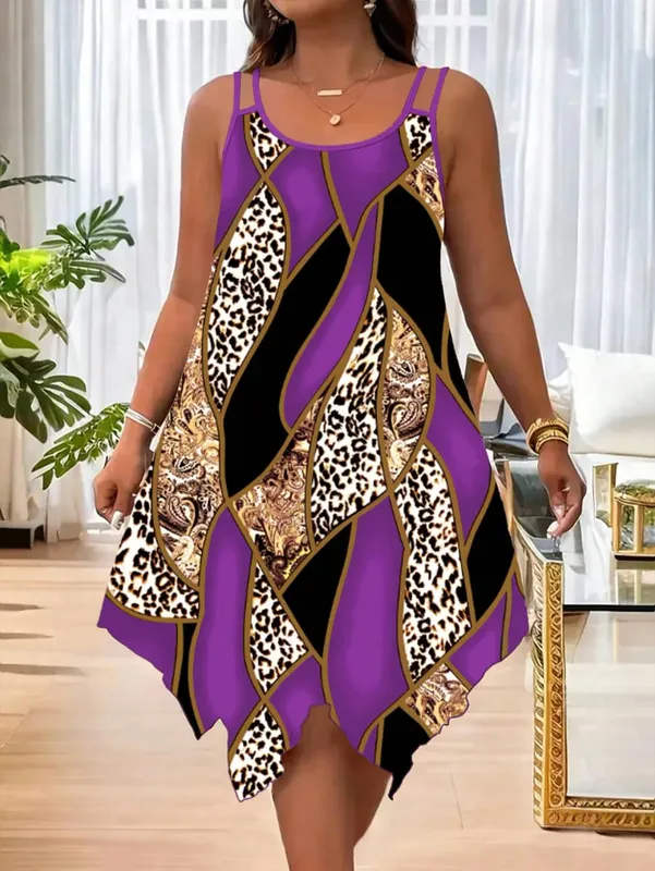 Plus-size women's fashion asymmetrical geometric stripes printed double strap dress — image 7