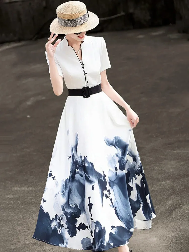 2026 Summer New Chinese Style Ink Painting Print Waist Cinched Swing Dress — image 2