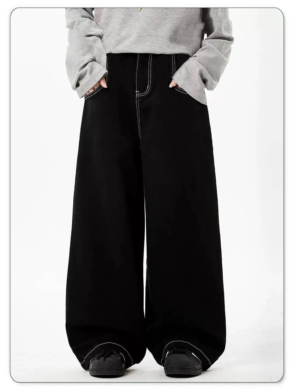 Spring Summer Men's Retro Black Baggy Wide Leg Jeans American Basic Unisex Daily Casual Denim Pants Women's Black Stacked Jeans — image 8