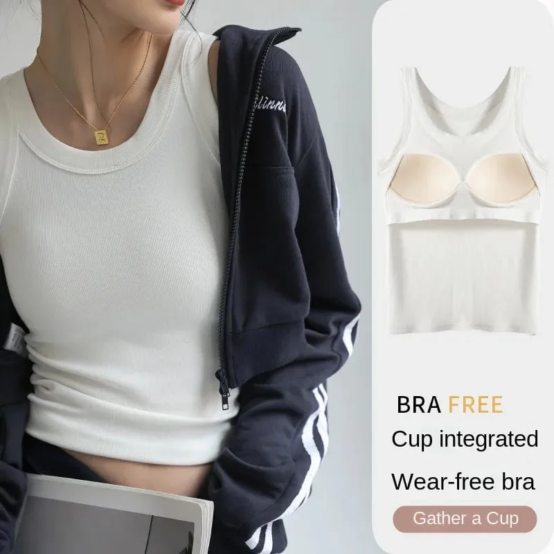 New Women Solid Round Neck Ribbed Tank Top Camisole Women Summer Basic Elastic TankTop One-piece Vest with Chest Pad Y2k — image 3