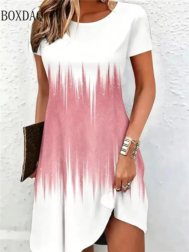 New Women's Summer Dresses Loose Short Sleeve Round Neck Gradient Pattern Printed Casual Party Dress — image 6