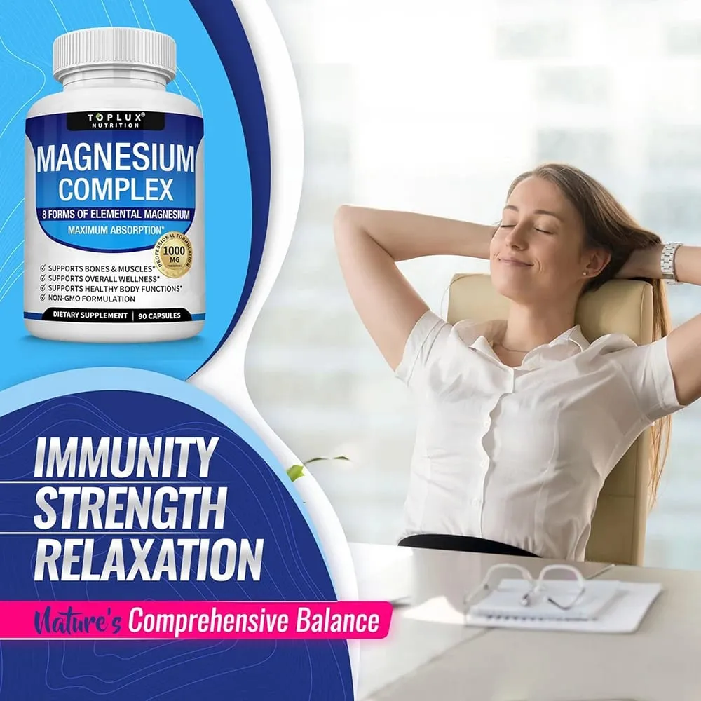 Magnesium Complex Supplement 8 Elemental 1000mg - Magnesium Glycinate Citrate Malate Taurate for Bones Recovery Energy