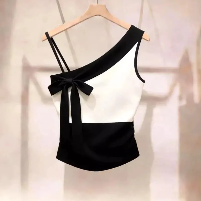 Summer New Contrast Bow Patchwork Off Shoulder Sexy Tanks Slim Sleeveless Elegant T Shirt Tops Temperament Trend Women Clothing