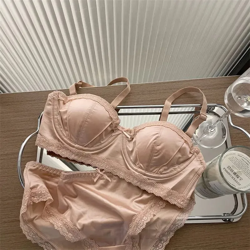 Hot Item French Inspired Minimizer Bra Women Satin Lace Thin Cup Soft Underwire Uplifting Centering Anti-Sagging Solid Comfort — image 3
