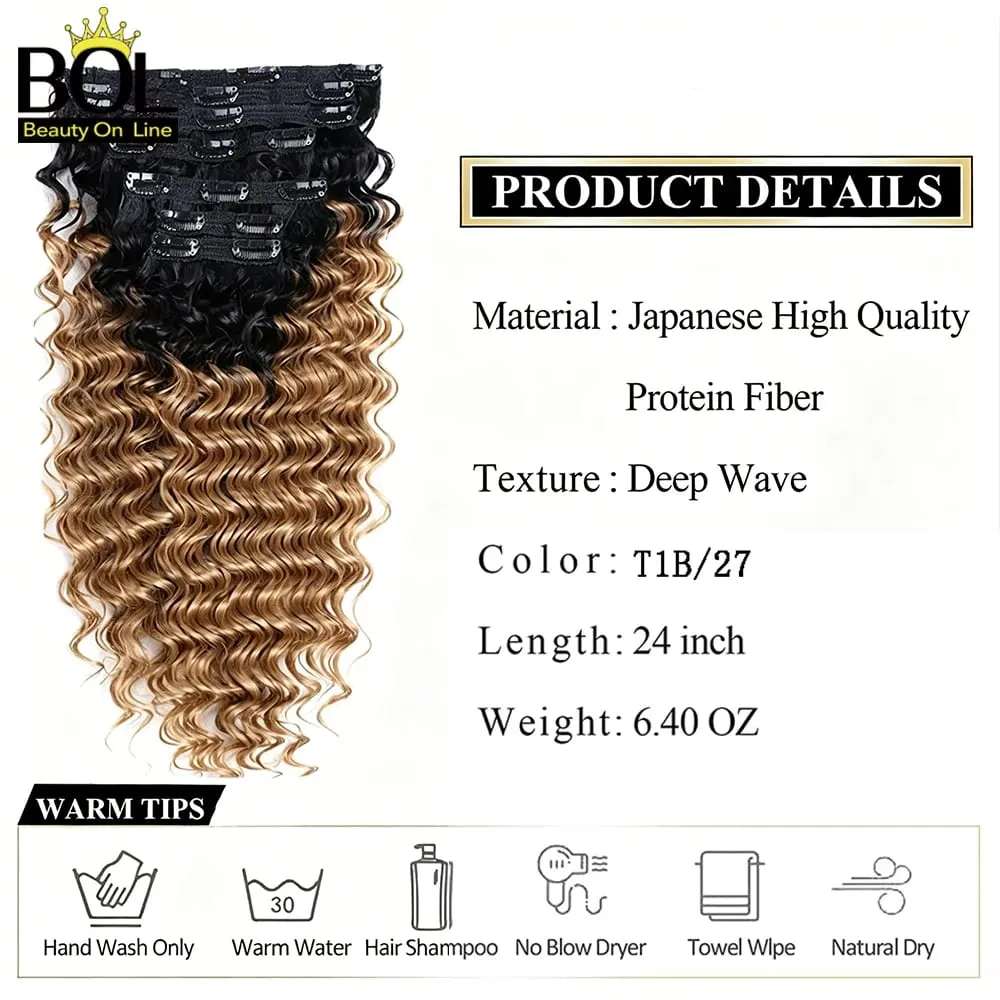 24Inch Synthetic Deep Wave Clip In Hair Extensions 7Pcs/Set 140g Fake Hair Full Head Hairpiece Curly Clip Ins Hair For Women — image 3