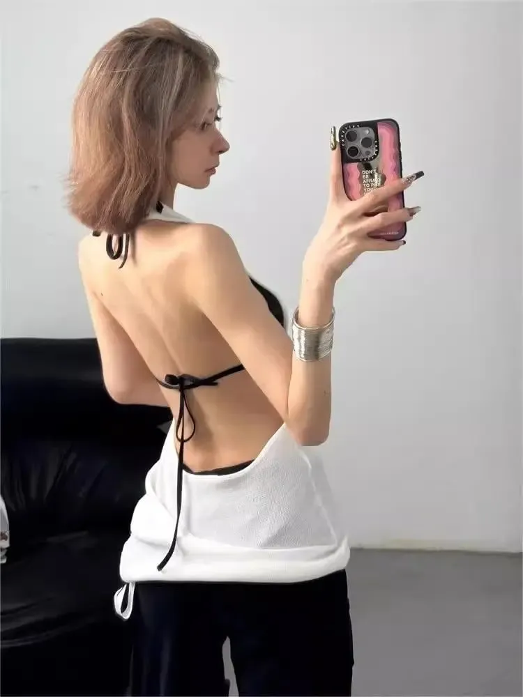Sexy Hot Girl V-neck Knitted Halter Top for Women in Summer New Style for Outerwear Backless White Sports Slim Fit Top Trendy — image 3