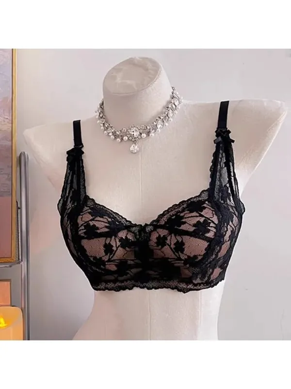 Sweet Halter Neck Bow Lace Wireless Bra Padded Push‑up Brassiere Ladies Layering Intimate Lingerie for Small Bust Size 32‑38 ABC