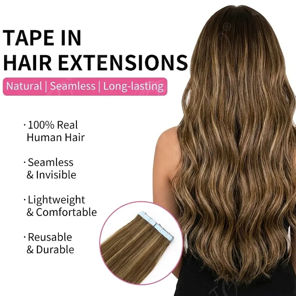 100% Human Hair Tape in Extensions 20Pcs 50g Remy Skin Weft Seamless Invisible Silky Straight Thick Ends for Wedding Women — image 3