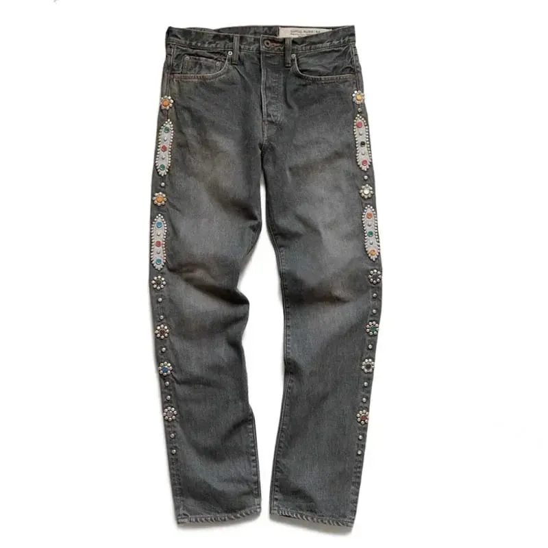 Hirata and Hiroshi 24SS Classic Rivet Set Diamond Vintage Jeans Casual Cowboy Gemstone Craft Men Pants