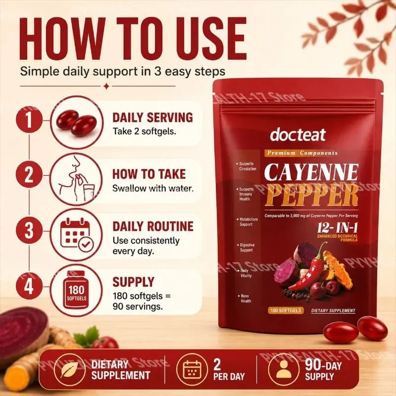 Cápsulas blandas de pimienta de Cayena con fórmula botánica mejorada 12 en 1 para apoyo antioxidante y de salud vascular 180 cápsulas blandas — image 5