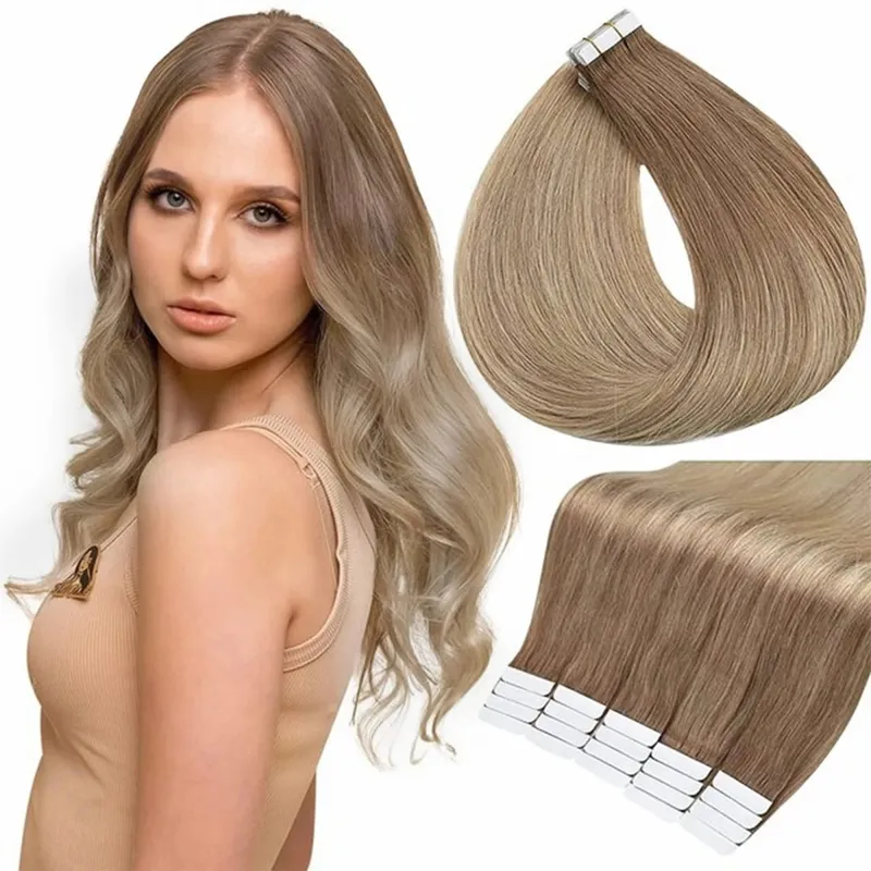 Full Shine Tape in Hair Extensions Human Hair Seamless Silky Straight Skin Weft 20Pcs 50G Add Length for Wedding
