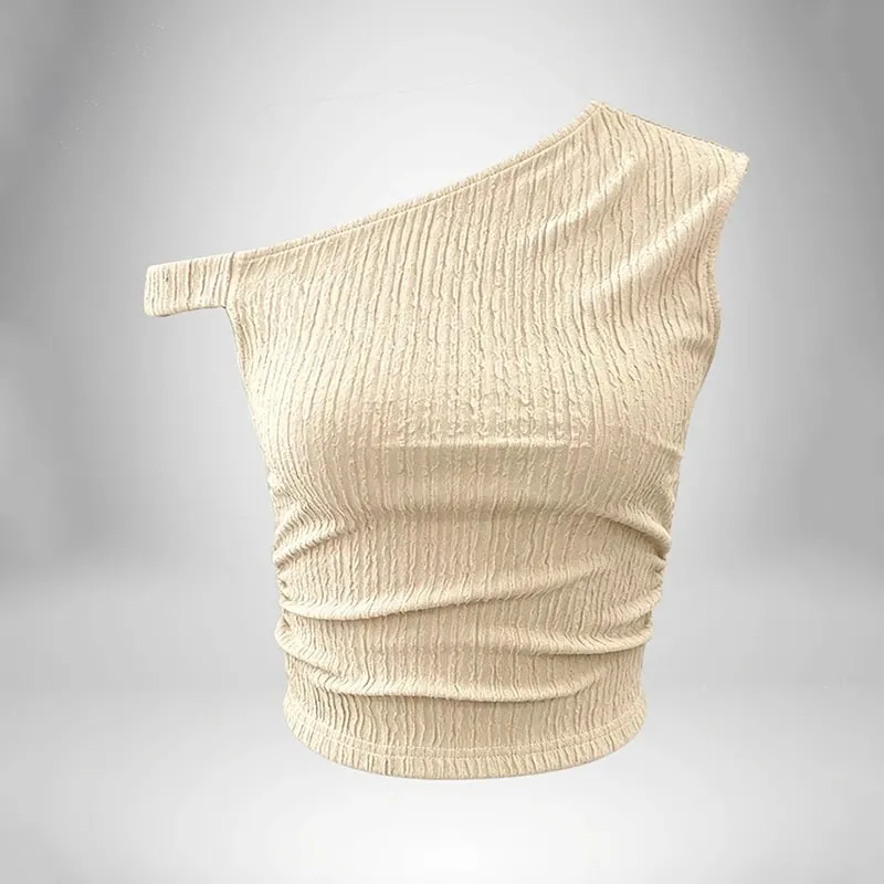Y2K Minimalist Basic Casual Summer Women‘s Asymmetric Tank Top Sleeveless Solid Color Off Shoulder Side Ruched Crop Tops — image 4