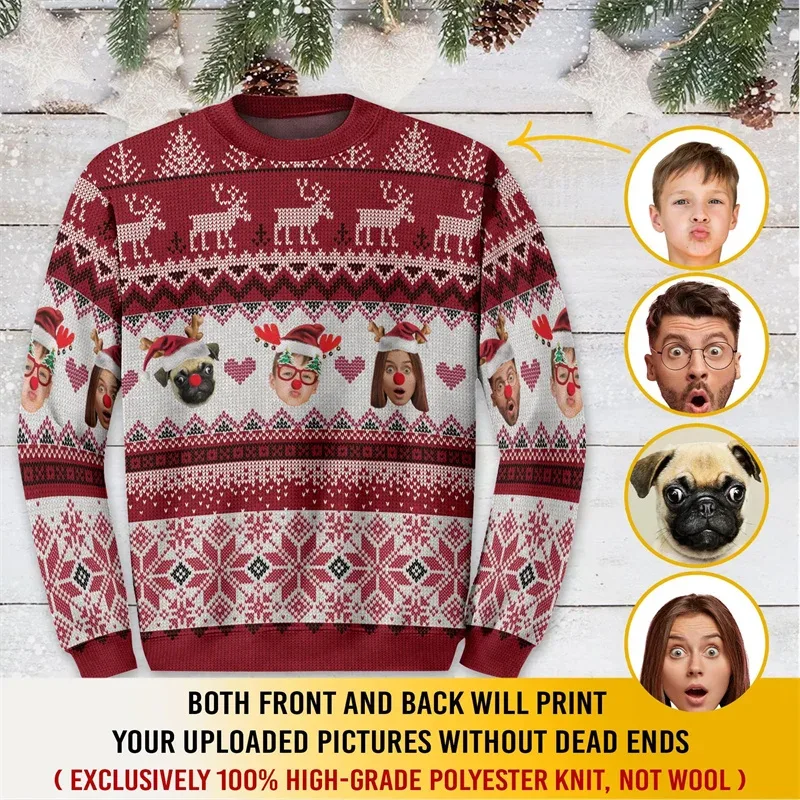 Custom Family Photo Christmas Sweatshirt Personalized Face Picture Print Xmas Tree Ugly Christmas Long Sleeve Party Tops — image 3