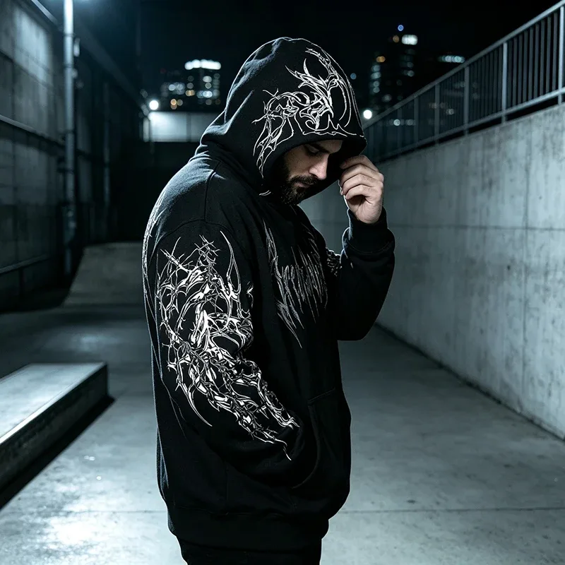 Men Alt Gothic Pullover Hoodie Y2k High Street American Style Dark Thorn Print Fleece Lined Loose Biker Fall Winter Sweatshirt — image 22